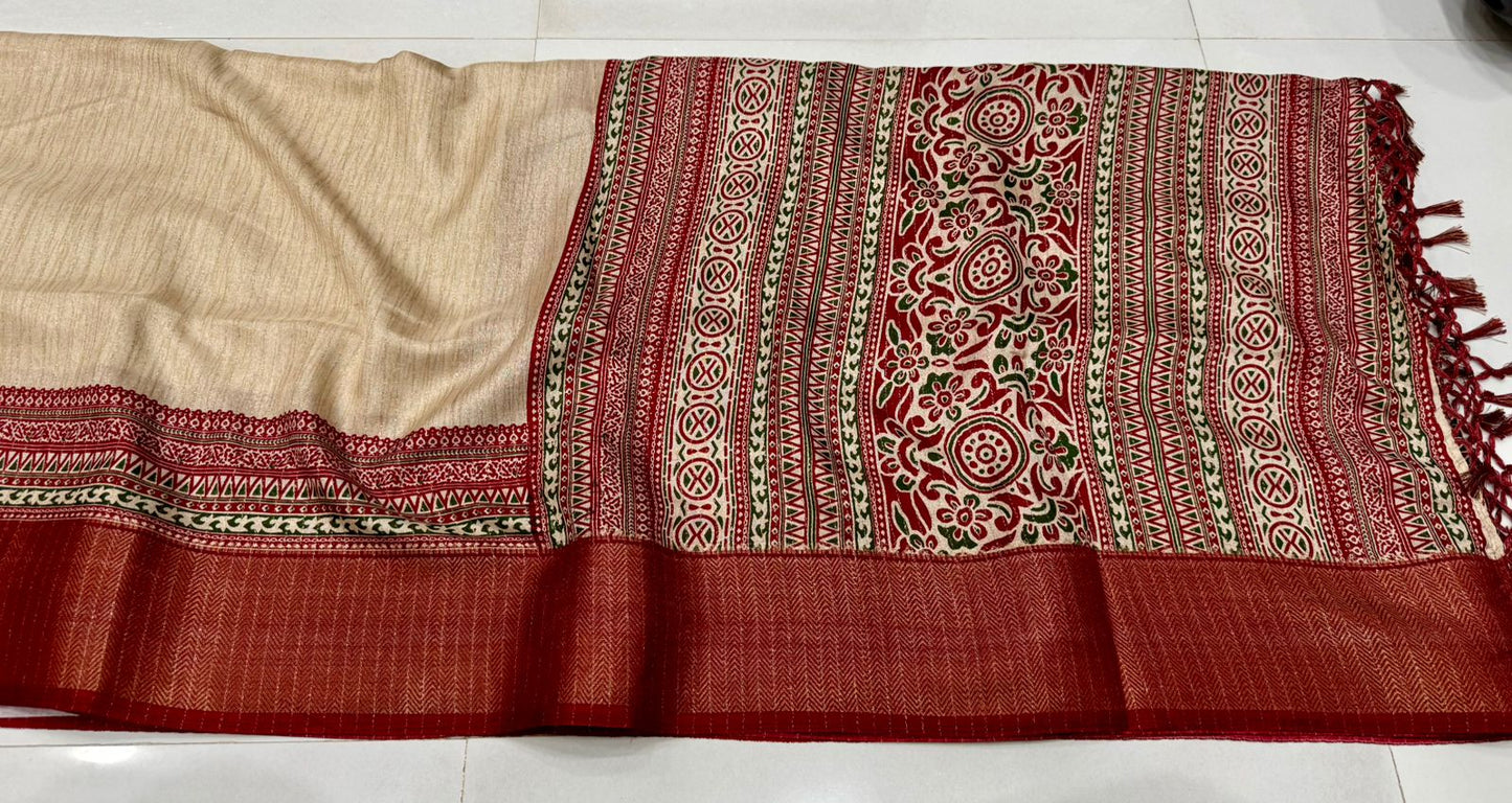Beige With Red Jute Silk Saree With Blouse Piece For Women