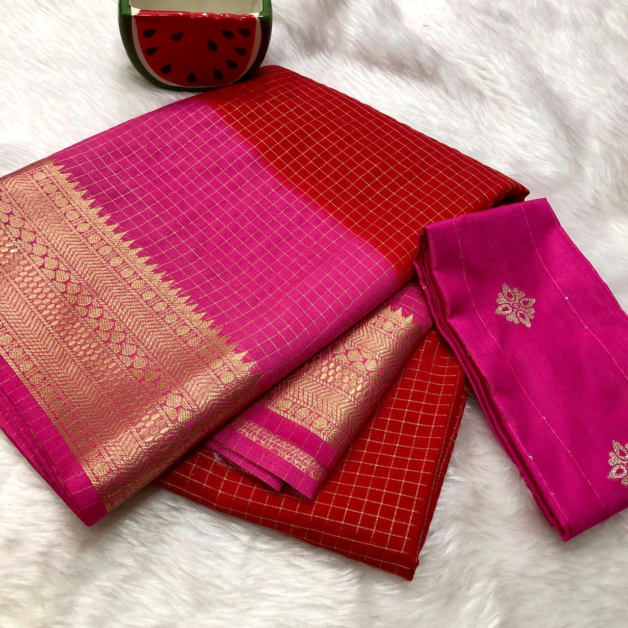 Red With Pink Semi Mysore Silk Saree With Blouse Piece For Women
