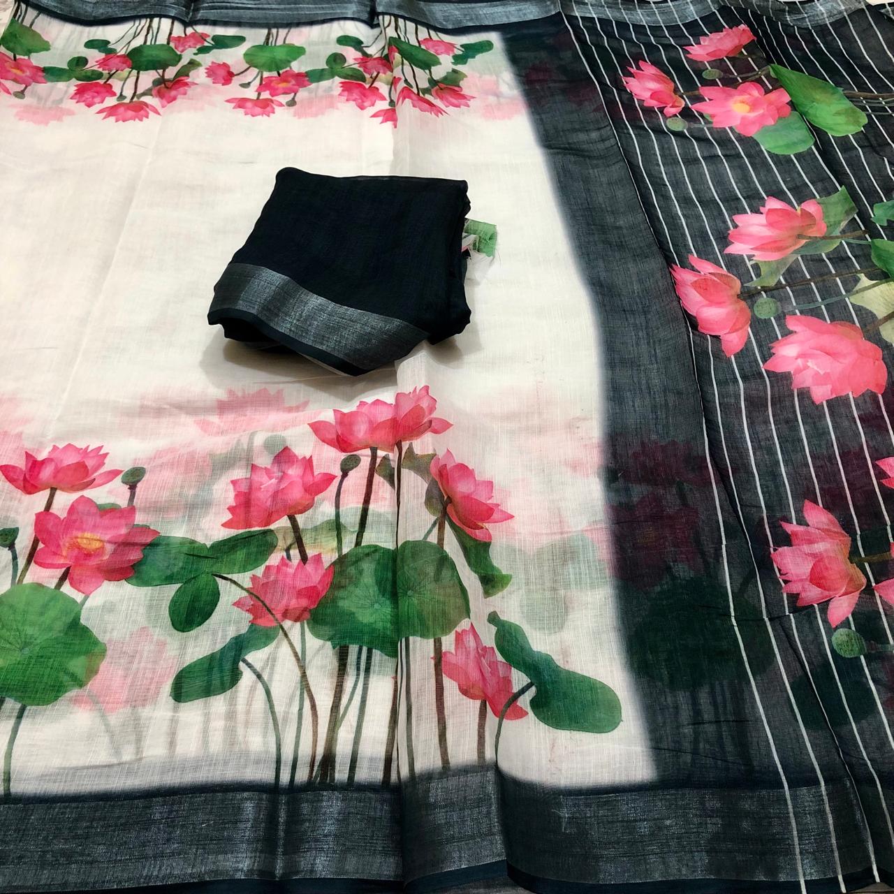 White Pink Lotus Linen Sarees