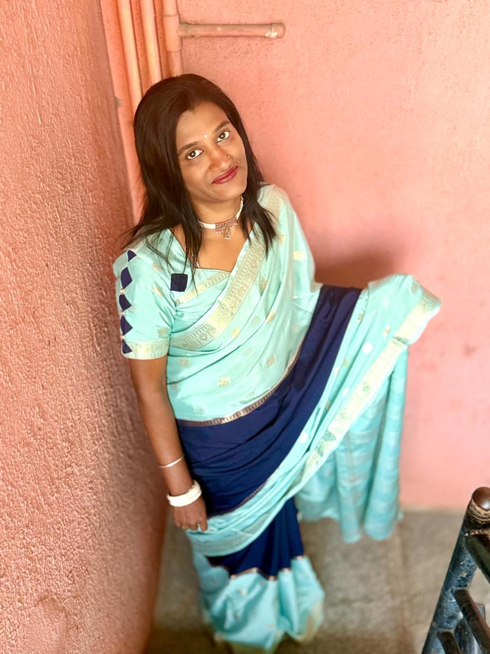 Sea Green n Indigo Mysore silk saree with peacock n coin motif all over saree | richness of 2 inch border | exclusive combination