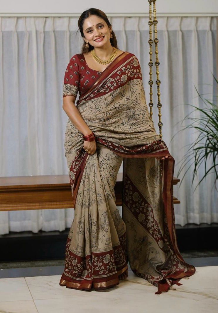 BEIGE RED KALAMKARI SAREE