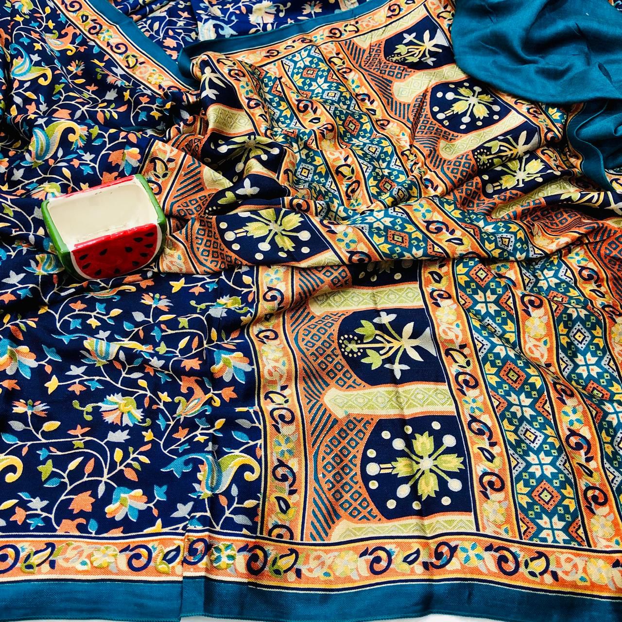 Indigo Pashmina Silk Indigo Saree With Blouse Piece For Women