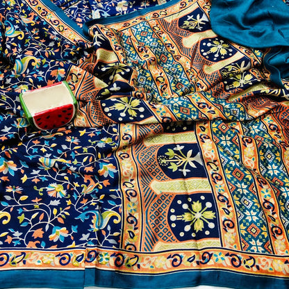 Indigo Pashmina Silk Indigo Saree With Blouse Piece For Women