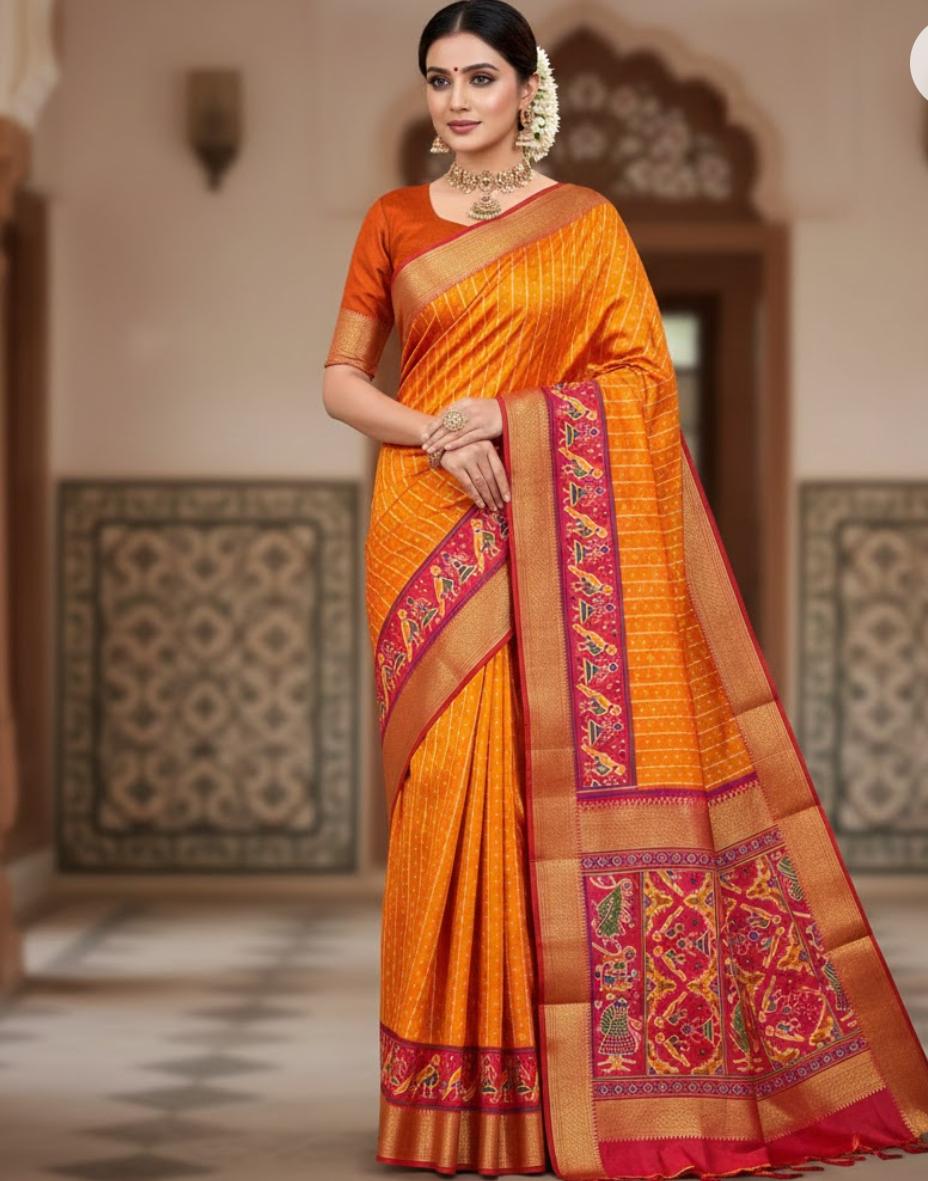 Mustard Yellow Pochampally Silk Mustard Yellow Saree With Blouse Piece For Women