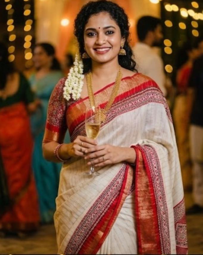 Beige With Red Jute Silk  Saree With Blouse Piece For Women