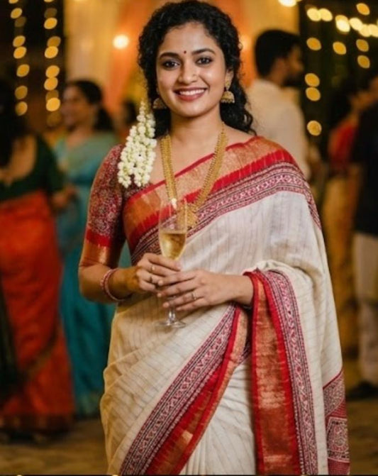 Beige With Red Jute Silk  Saree With Blouse Piece For Women