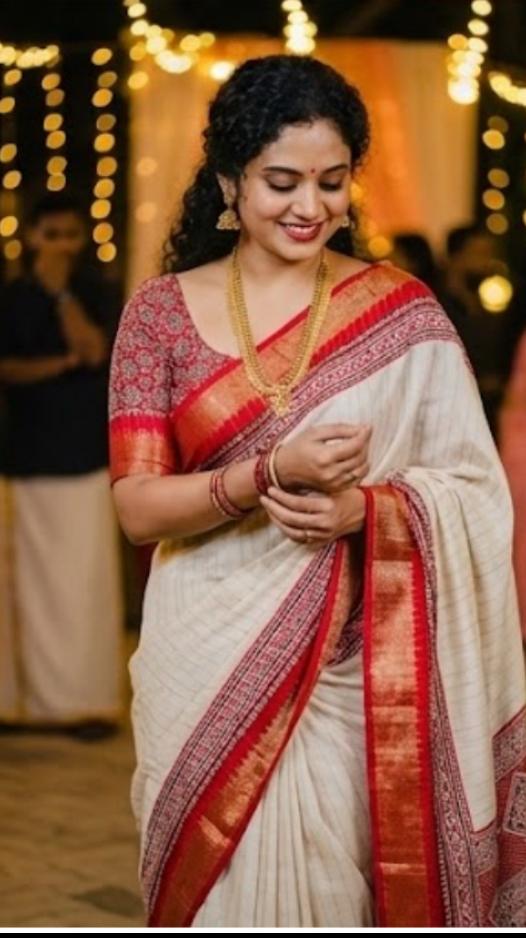 Beige With Red Jute Silk  Saree With Blouse Piece For Women