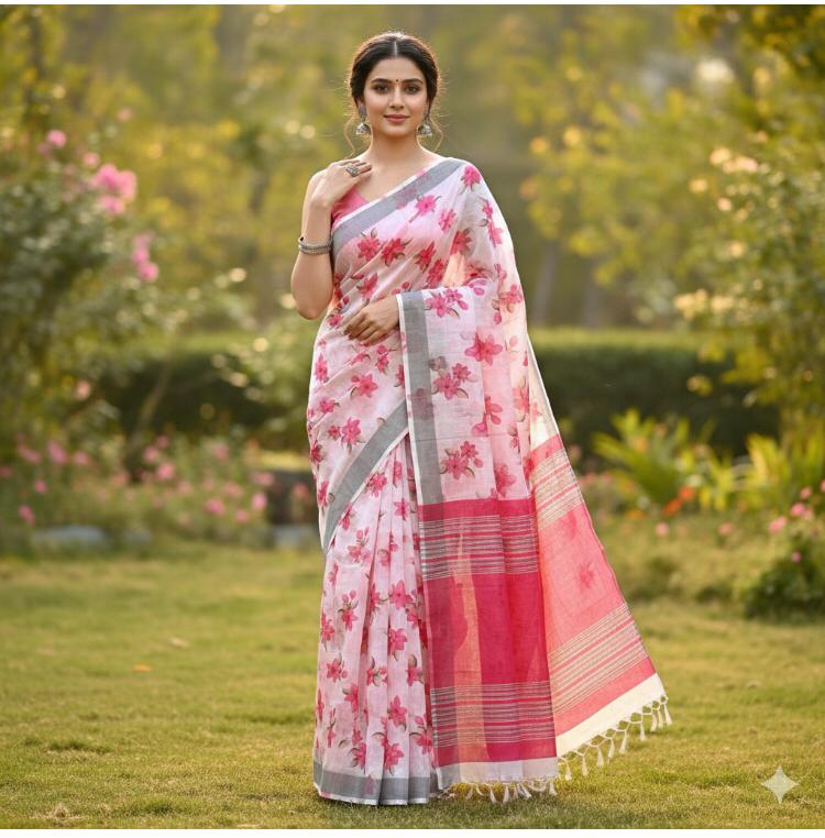 Cream Pink Linen Saree With Blouse For Women Wear All Occasion