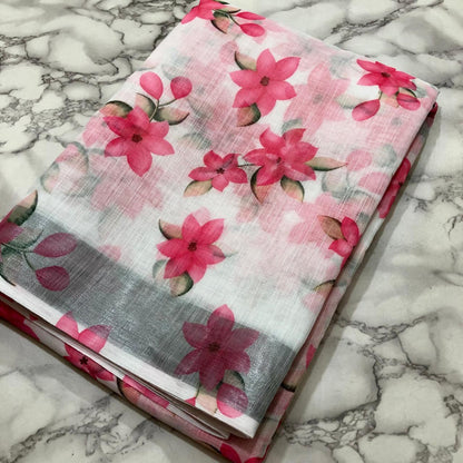 Cream Pink Linen Saree With Blouse For Women Wear All Occasion