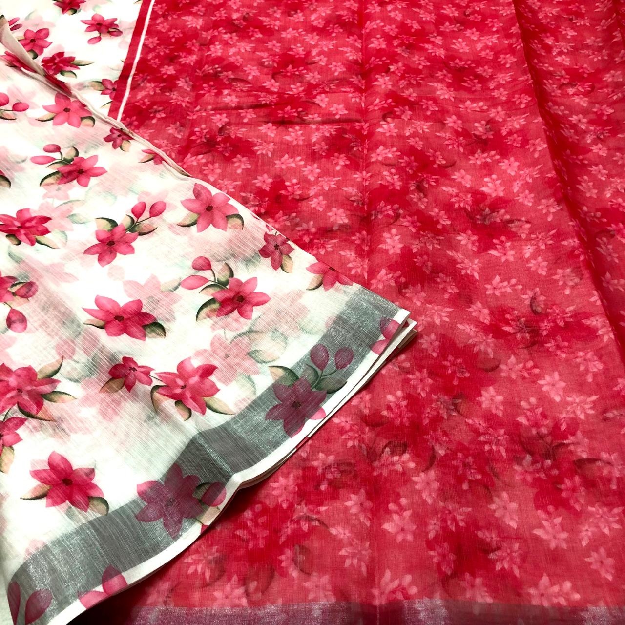 Cream Pink Linen Saree With Blouse For Women Wear All Occasion