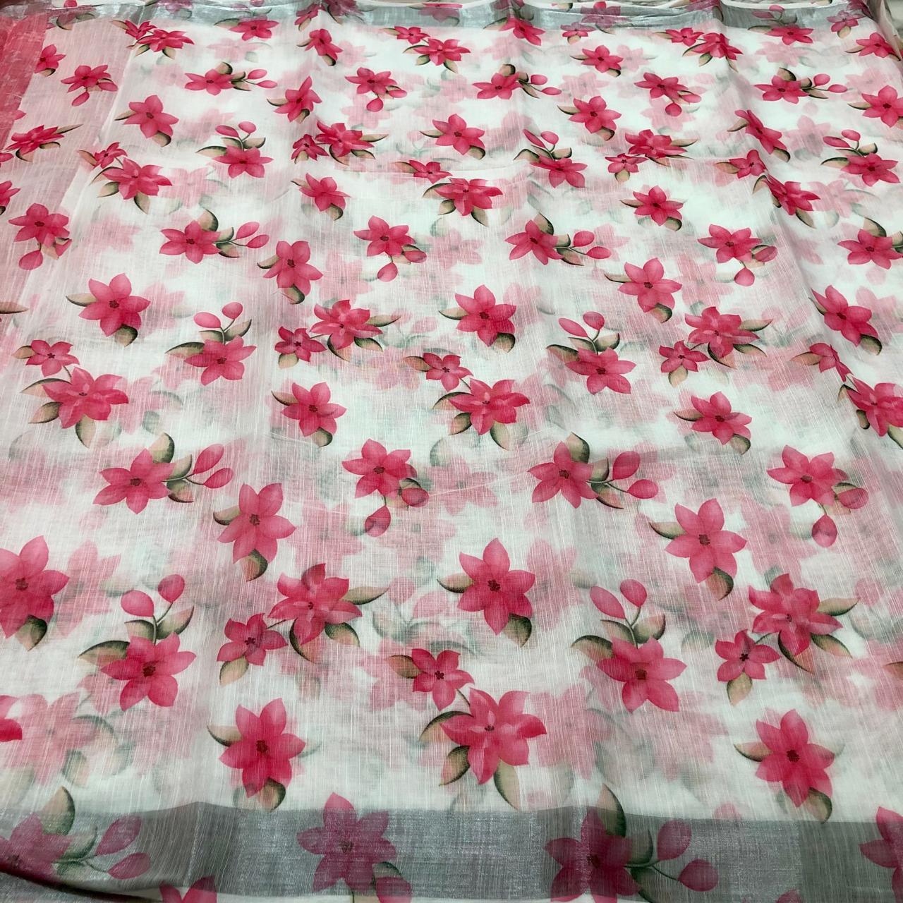 Cream Pink Linen Saree With Blouse For Women Wear All Occasion