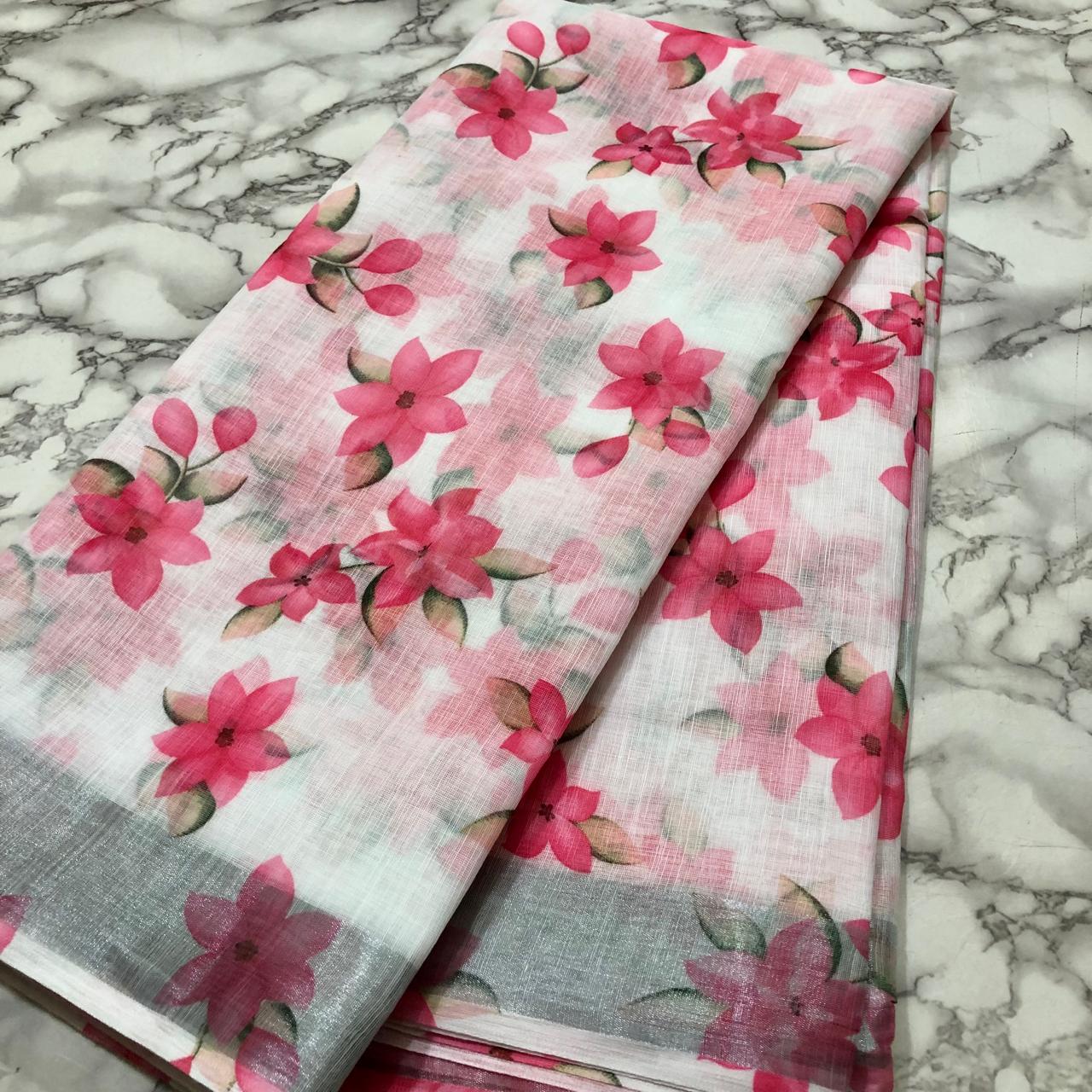 Cream Pink Linen Saree With Blouse For Women Wear All Occasion