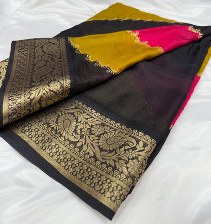 Mustard Black Dola Silk Saree With Blouse Piece  For Women Wear All Occasion
