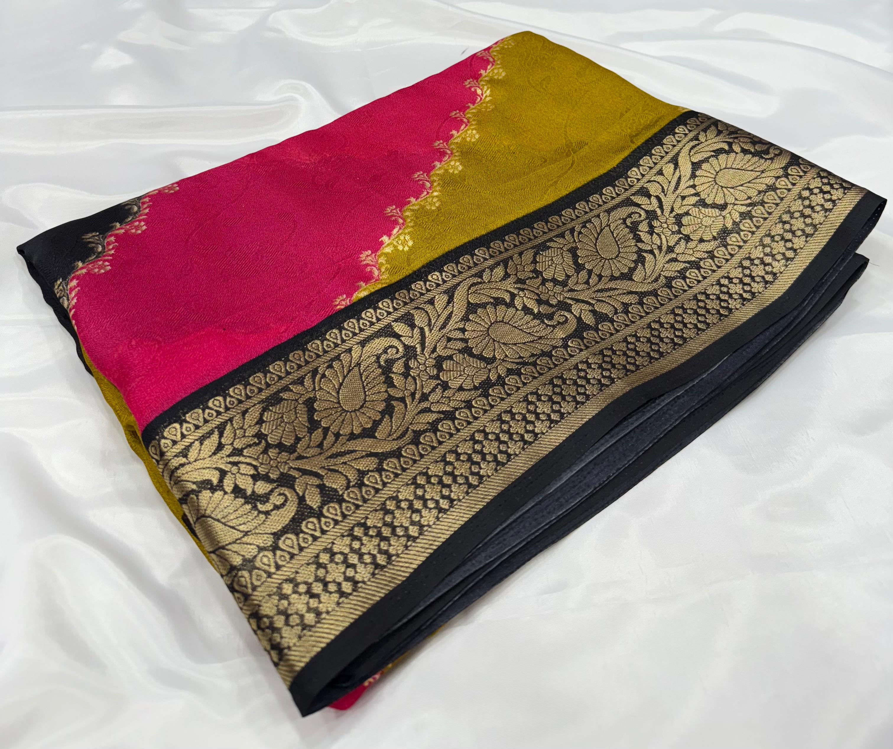 Mustard Black Dola Silk Saree With Blouse Piece  For Women Wear All Occasion
