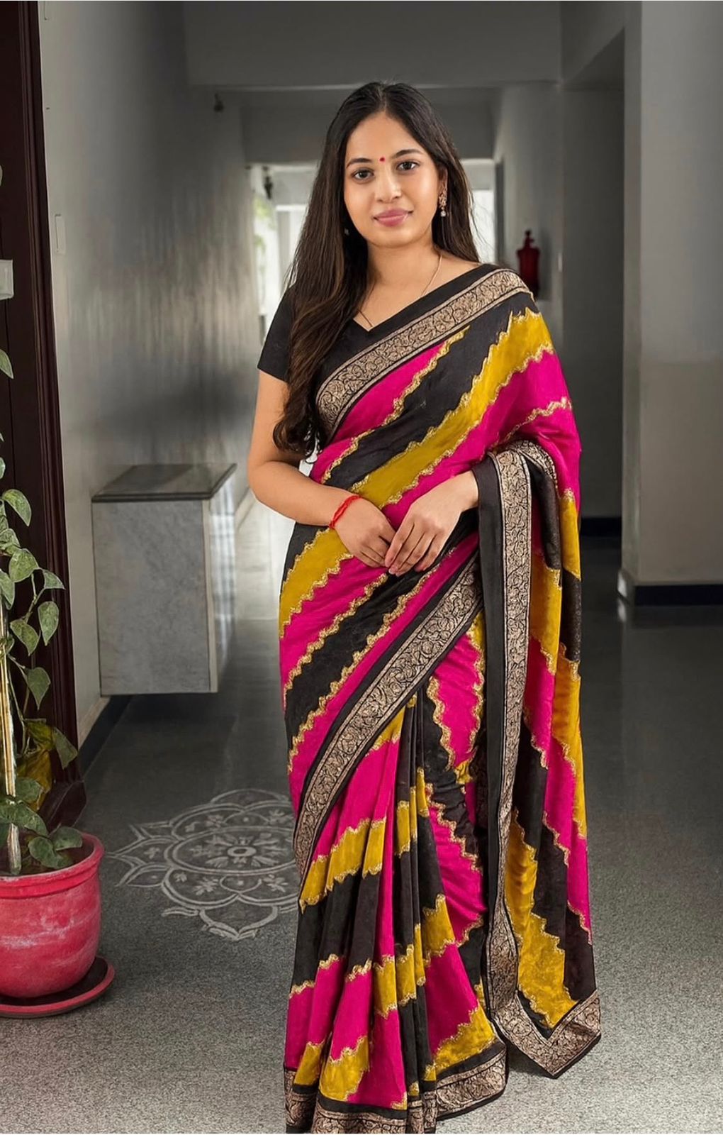 Mustard Black Dola Silk Saree With Blouse Piece  For Women Wear All Occasion