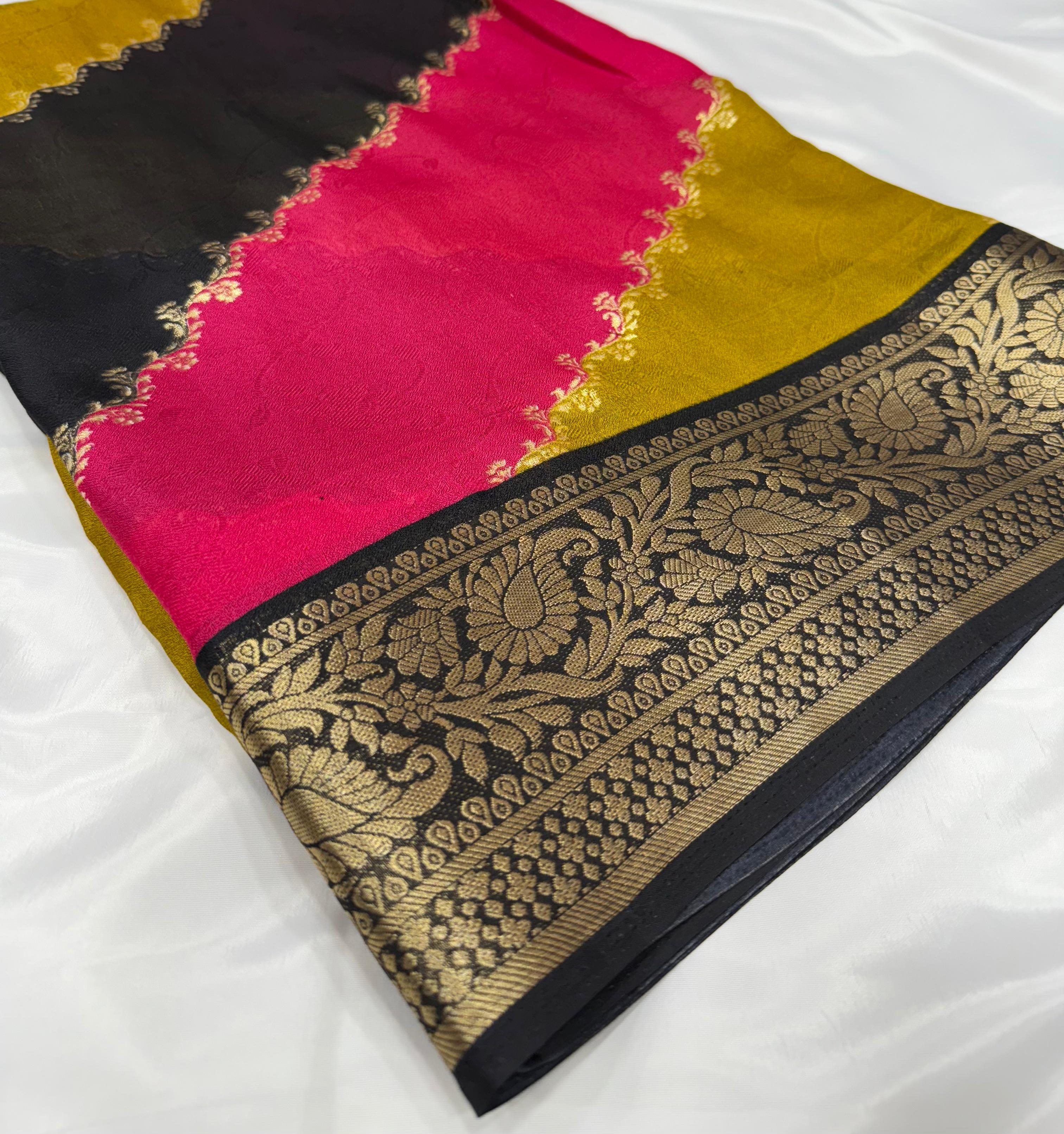 Mustard Black Dola Silk Saree With Blouse Piece  For Women Wear All Occasion