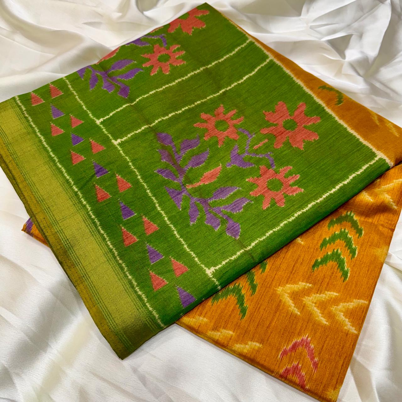 Mango Yellow Ikkat Silk Saree With Blouse Piece For Women