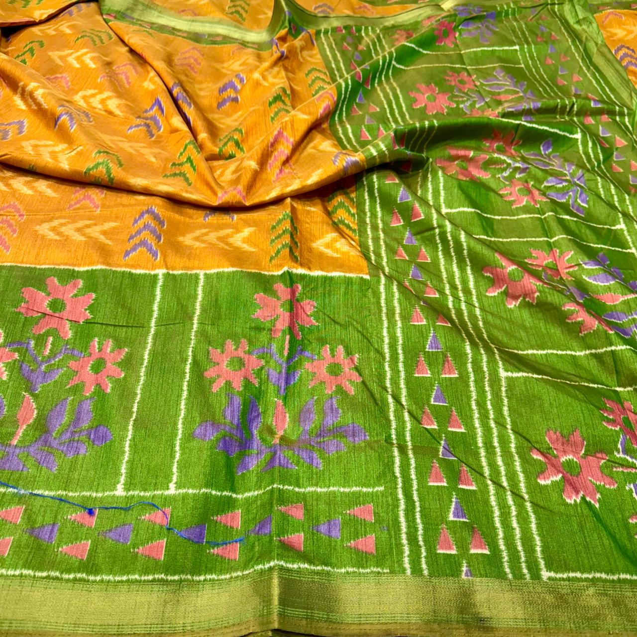 Mango Yellow Ikkat Silk Saree With Blouse Piece For Women