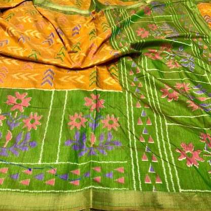 Mango Yellow Ikkat Silk Saree With Blouse Piece For Women