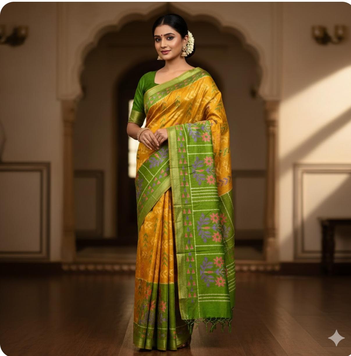 Mango Yellow Ikkat Silk Saree With Blouse Piece For Women