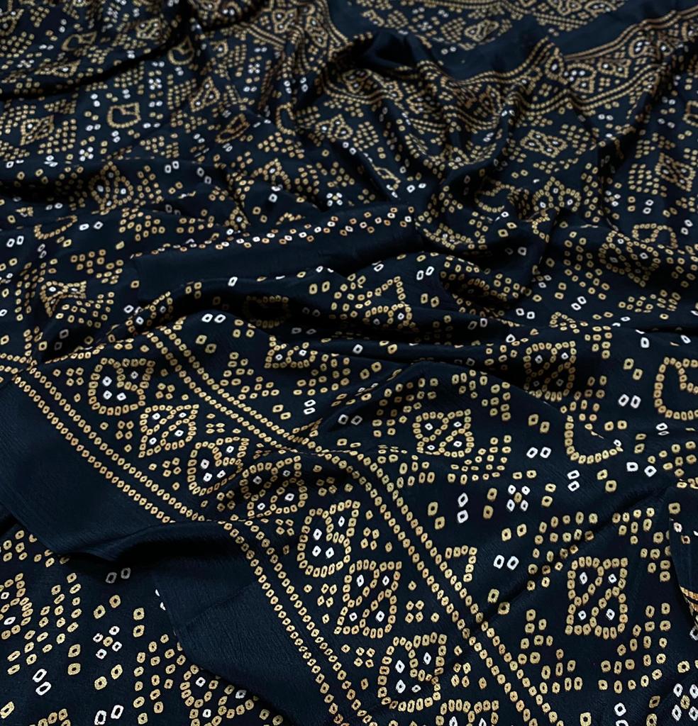 Black Bandhani Japan Crape Saree Saree With Blouse Piece For Women