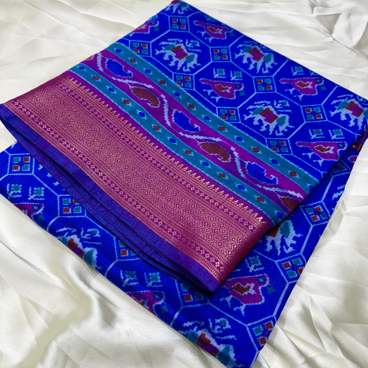 Peachish Pink Blue Patola Silk Saree With Blouse Piece For Women
