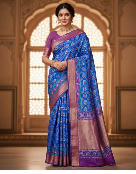 Peachish Pink Blue Patola Silk Saree With Blouse Piece For Women