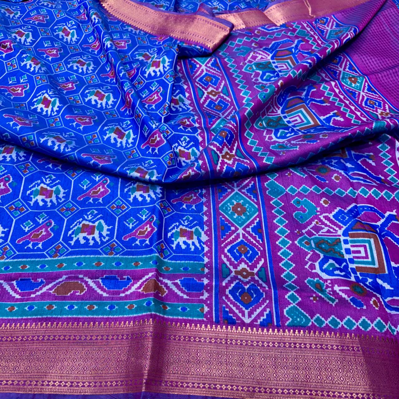 Peachish Pink Blue Patola Silk Saree With Blouse Piece For Women