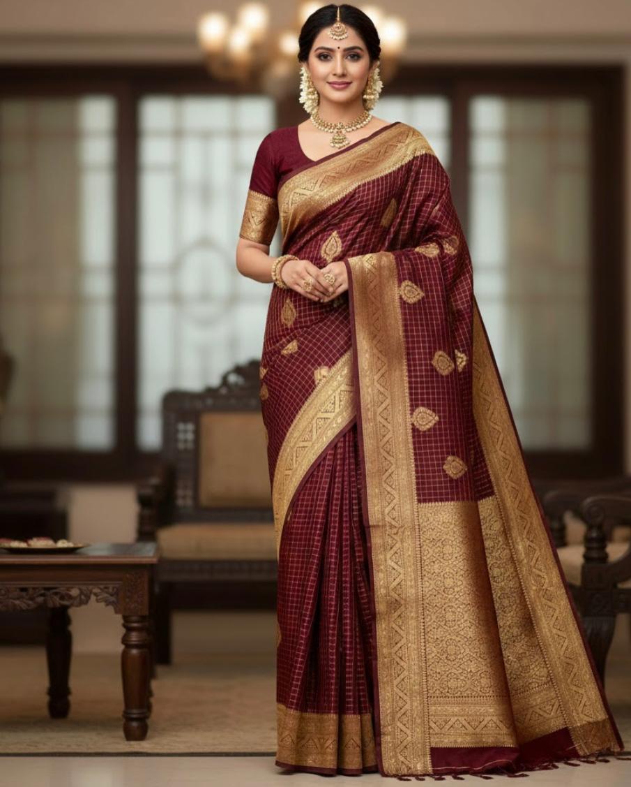 Deep Maroon Banarasi Deep Maroon Saree With Blouse Piece For Women
