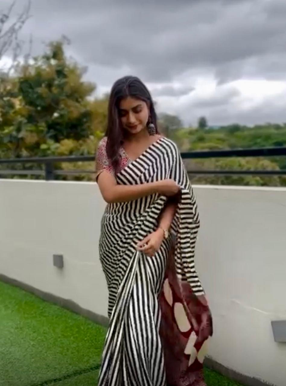 Cream Black Modal  Silk Saree For Women Wear All Occasion