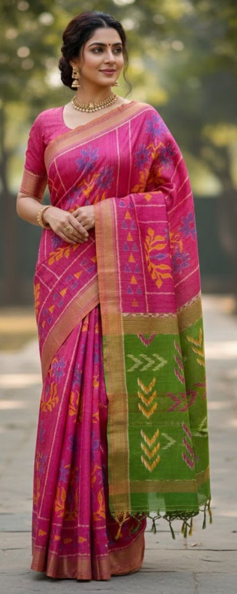 Pink Ikkat Silk Saree With Blouse Piece For Women