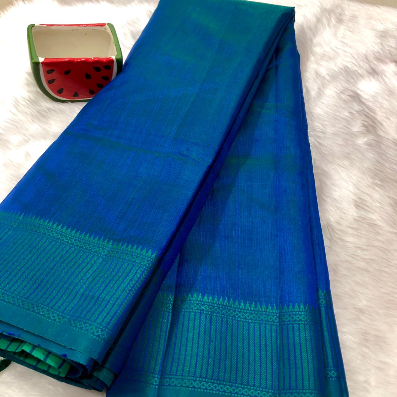 Teal Blue Raw Silk Dual Tone Saree With Blouse Piece For Women