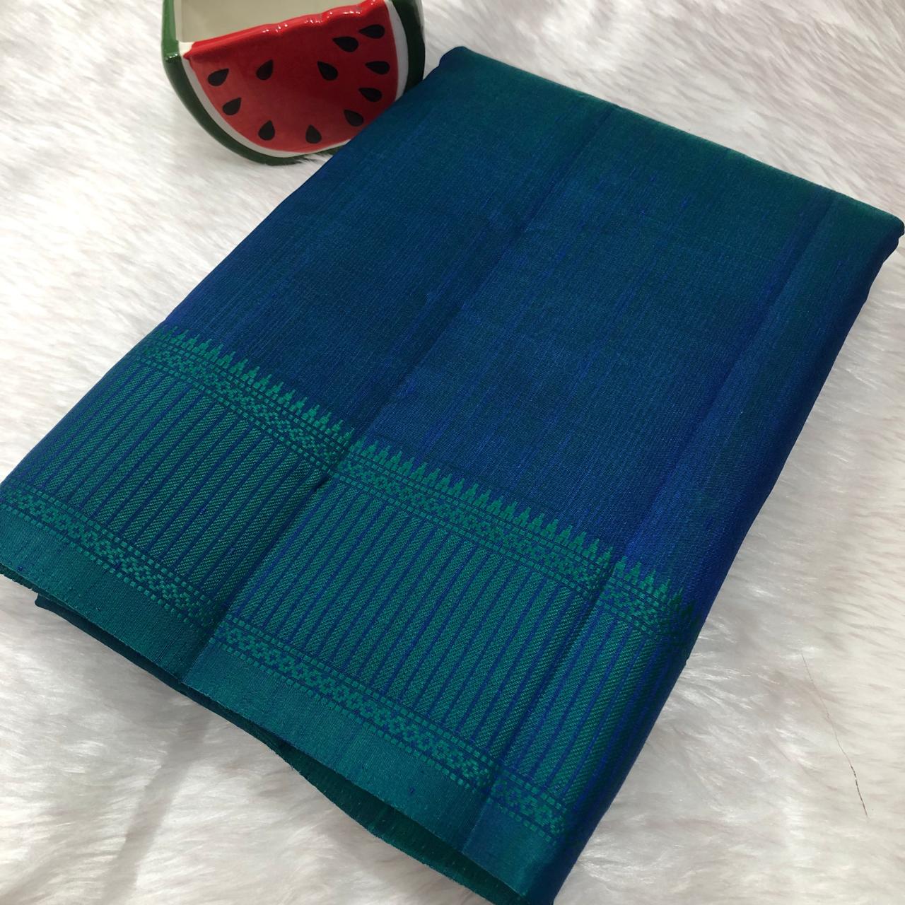 Teal Blue Raw Silk Dual Tone Saree With Blouse Piece For Women