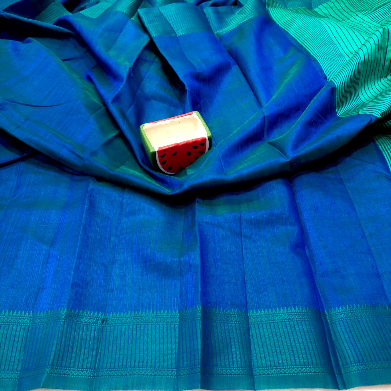 Teal Blue Raw Silk Dual Tone Saree With Blouse Piece For Women