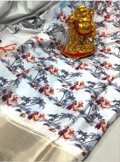 White Soft Silk Oceanic Prints Saree With Blouse Piece For Women