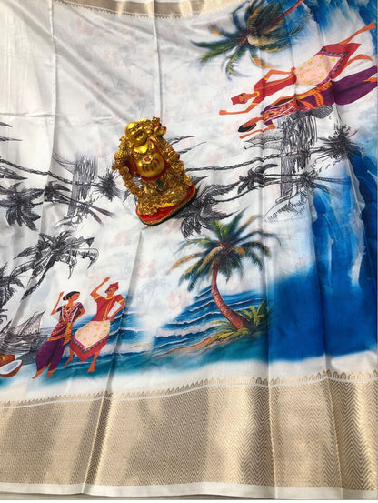 White Soft Silk Oceanic Prints Saree With Blouse Piece For Women