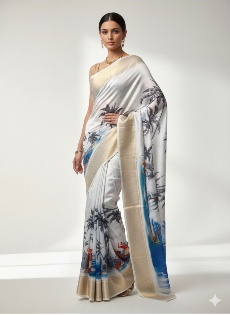 White Soft Silk Oceanic Prints Saree With Blouse Piece For Women
