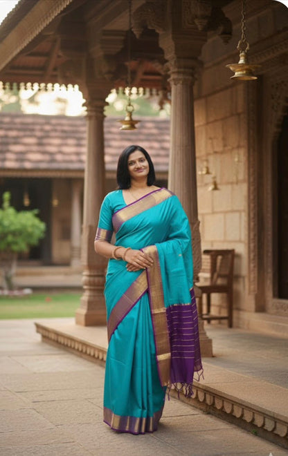 Ananda Blue Mysore Silk Blue Saree With Blouse Piece For Women