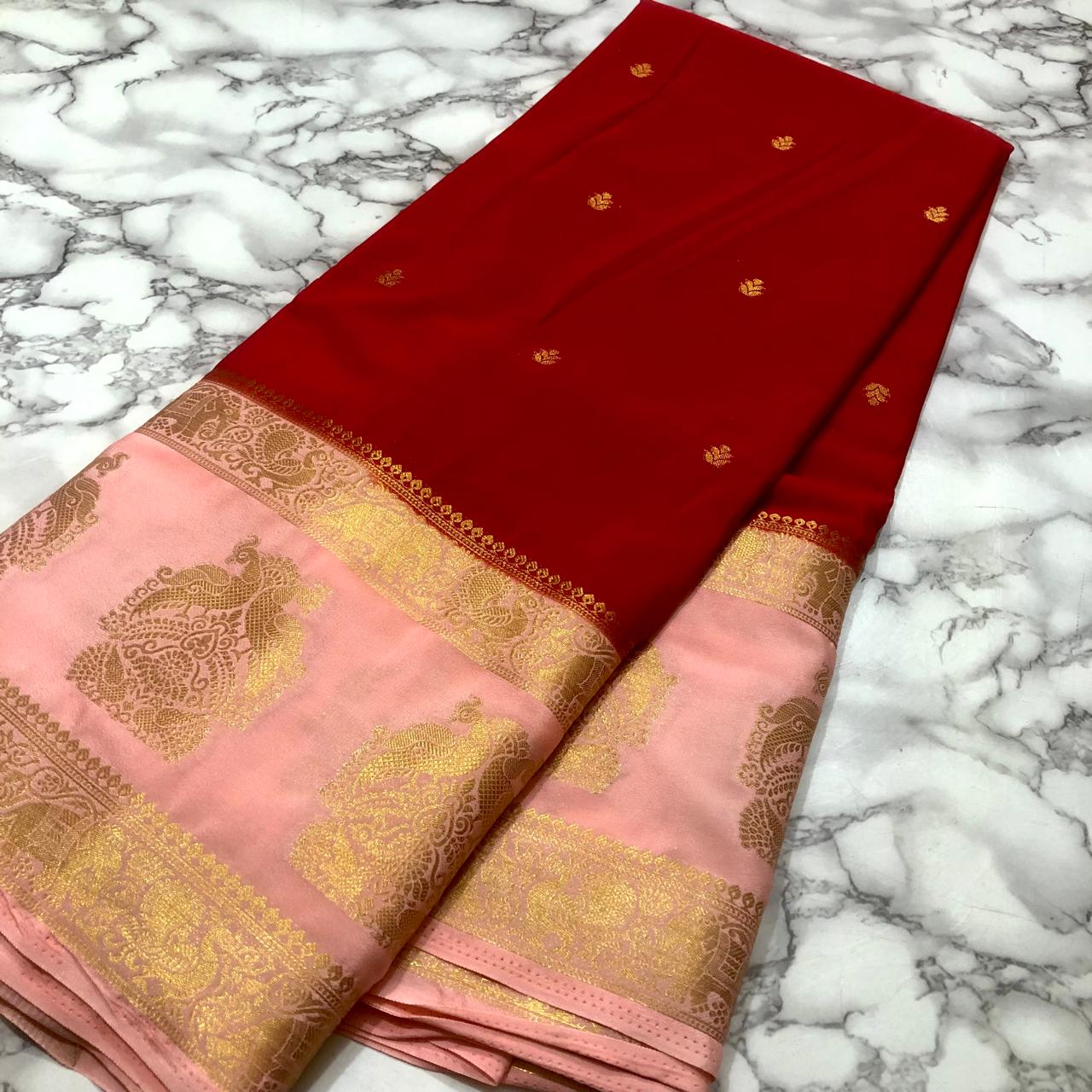 Red Peach Mysore Silk Saree For Women Wear All Occasion
