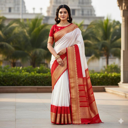 White With Red 2 D Mysore Silk Saree With Blouse Piece For Women