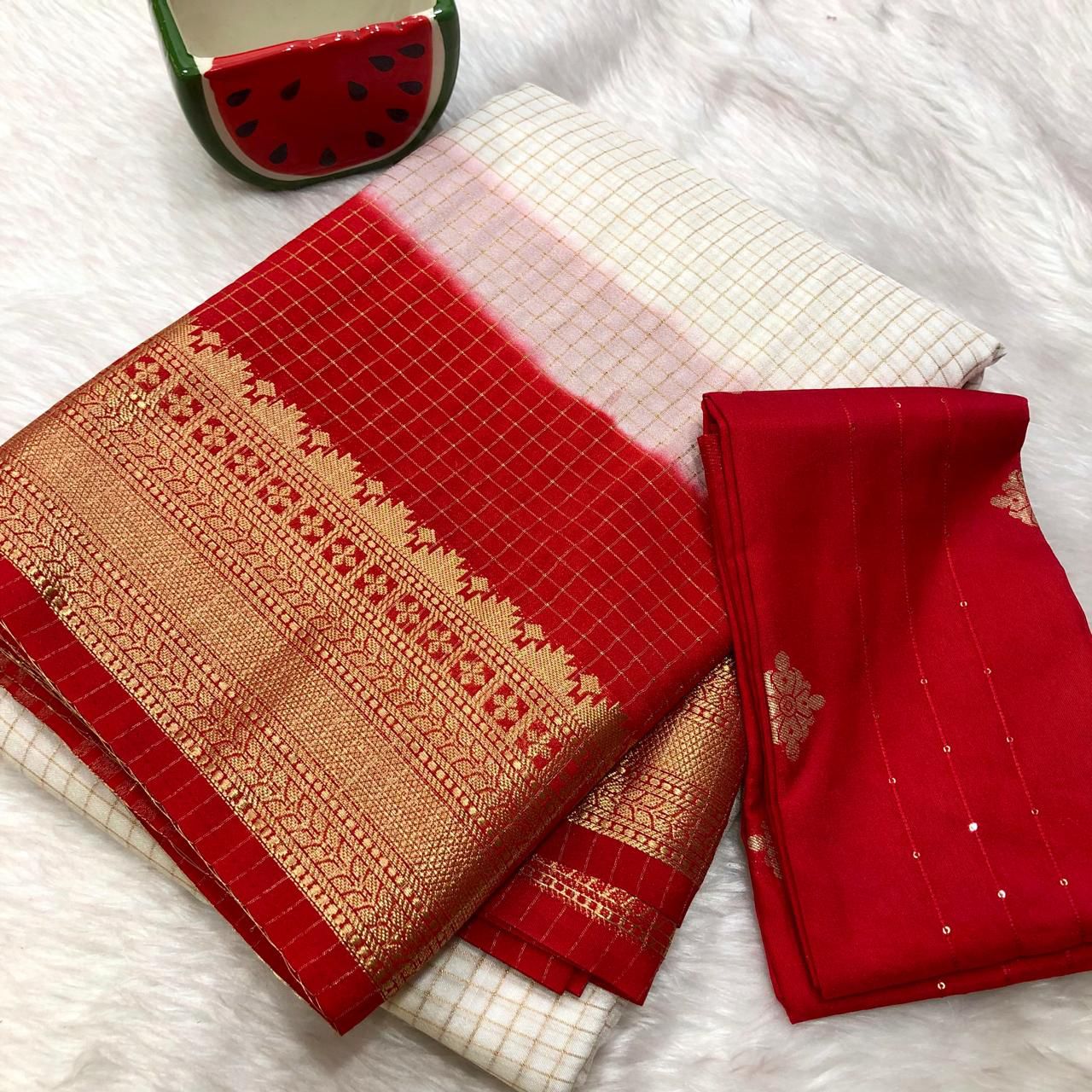 White With Red 2 D Mysore Silk Saree With Blouse Piece For Women
