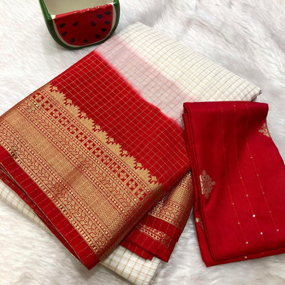 White With Red 2 D Mysore Silk Saree With Blouse Piece For Women