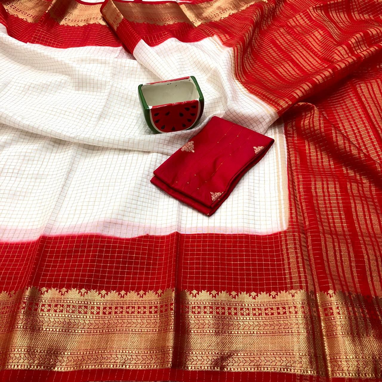 White With Red 2 D Mysore Silk Saree With Blouse Piece For Women