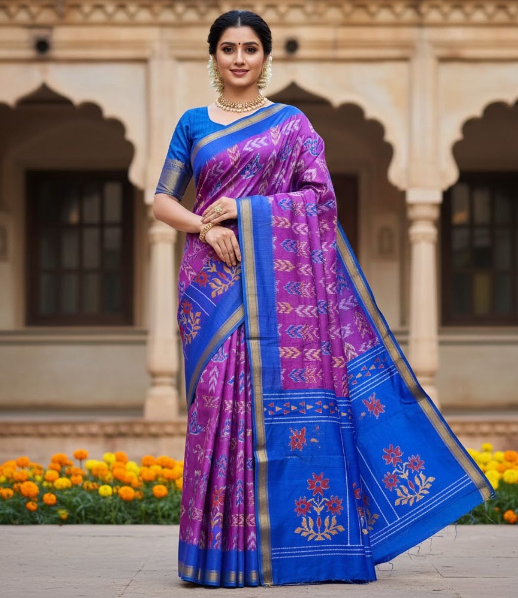 Magenta Ikkat Silk Saree With Blouse Piece For Women