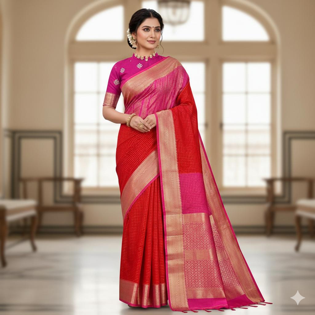 Red With Pink Semi Mysore Silk Saree With Blouse Piece For Women