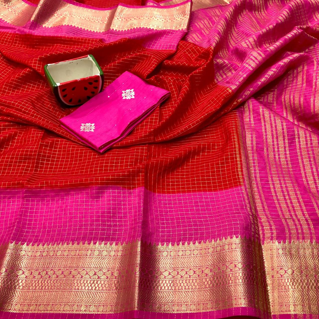 Red With Pink Semi Mysore Silk Saree With Blouse Piece For Women