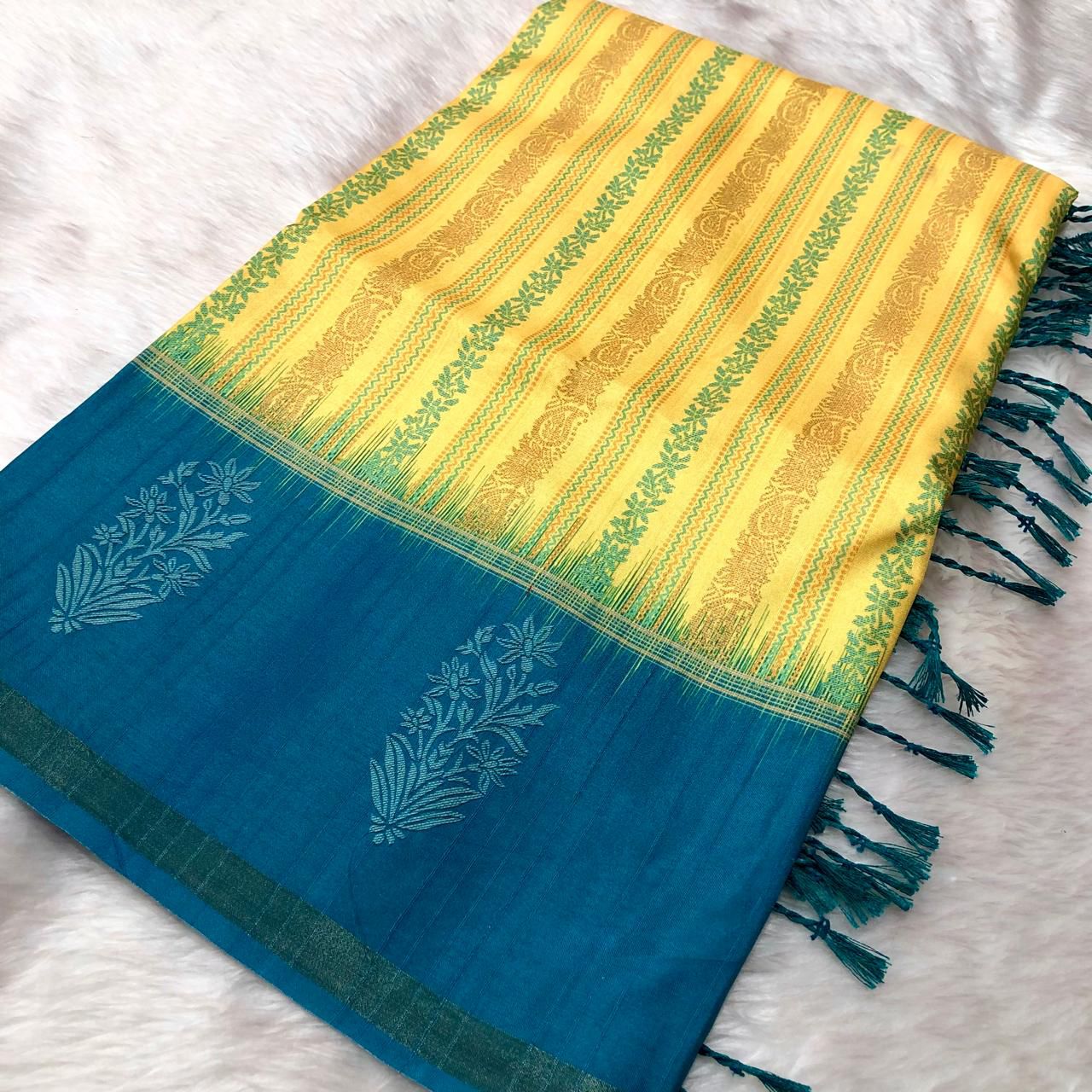 Lemon Yellow Jute Silk Yellow Saree With Blouse Piece For Women