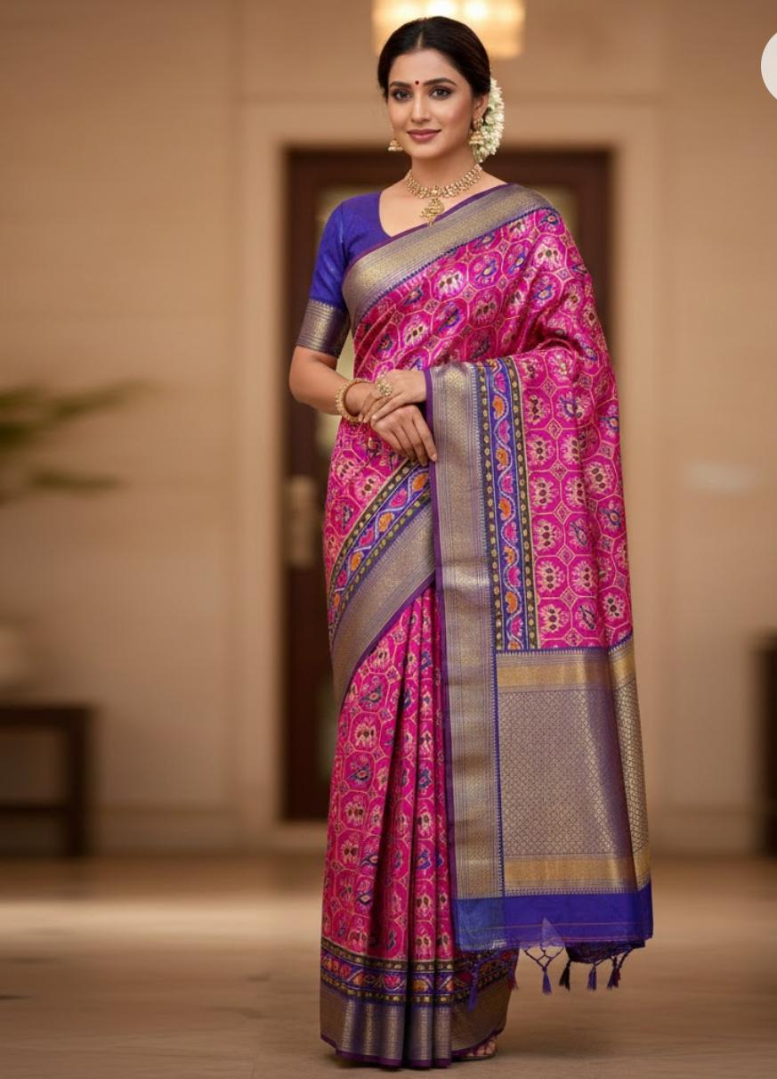 Pink Patola Silk Pink With Blue Saree With Blouse Piece For Women