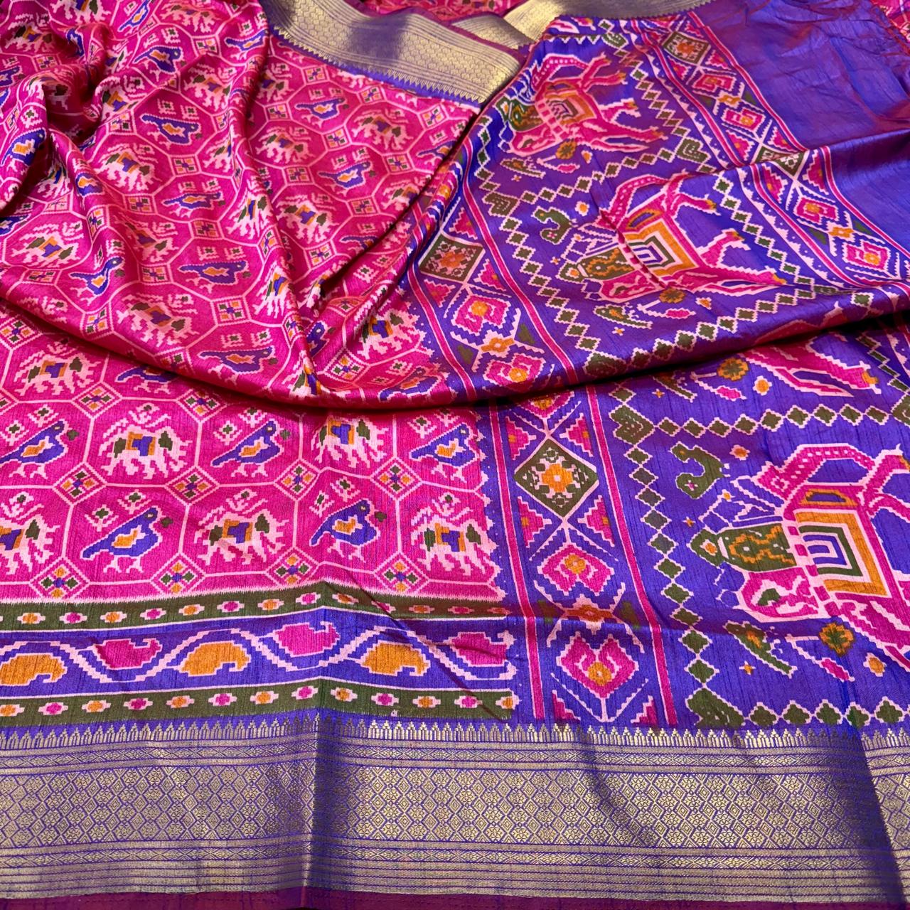 Pink Patola Silk Pink With Blue Saree With Blouse Piece For Women