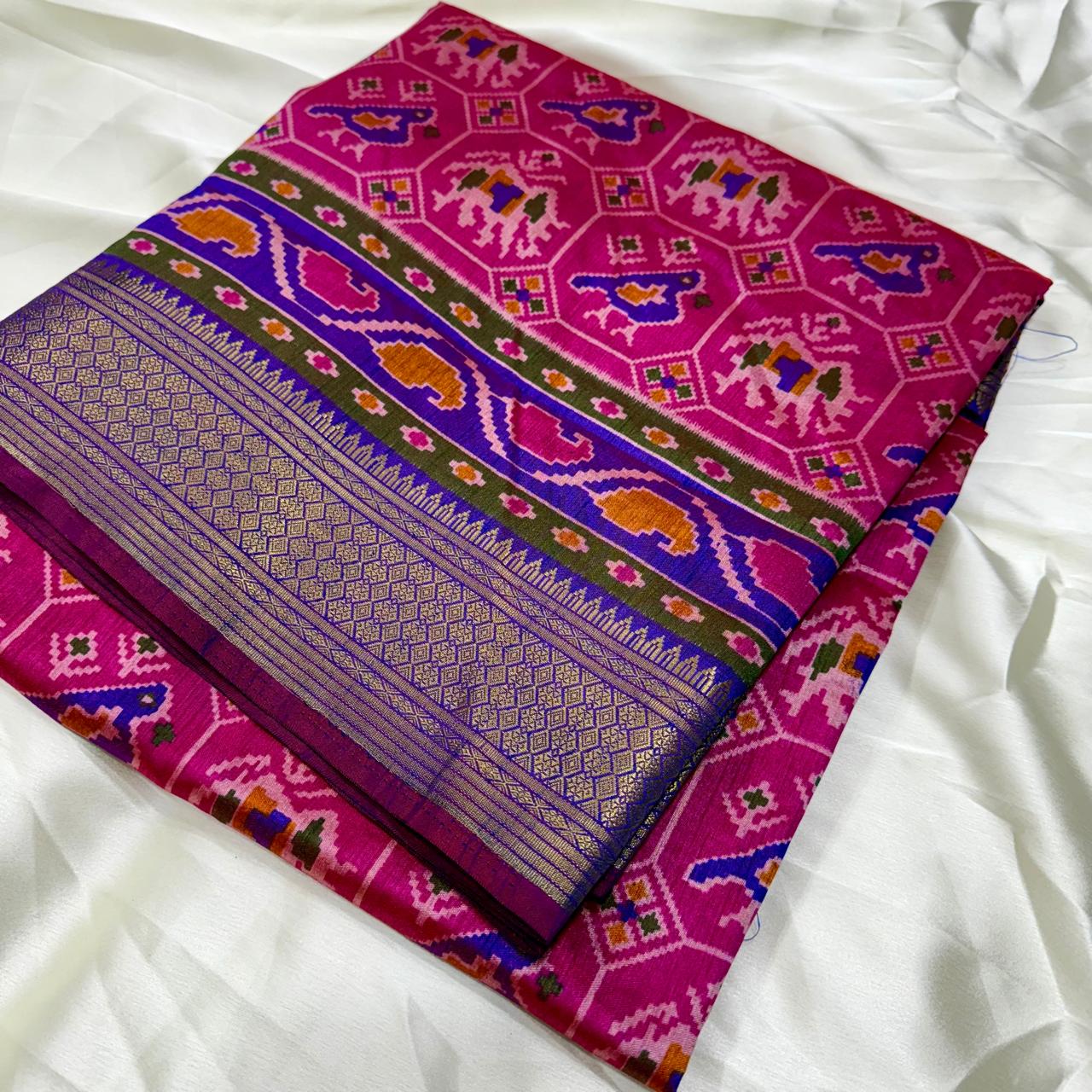 Pink Patola Silk Pink With Blue Saree With Blouse Piece For Women